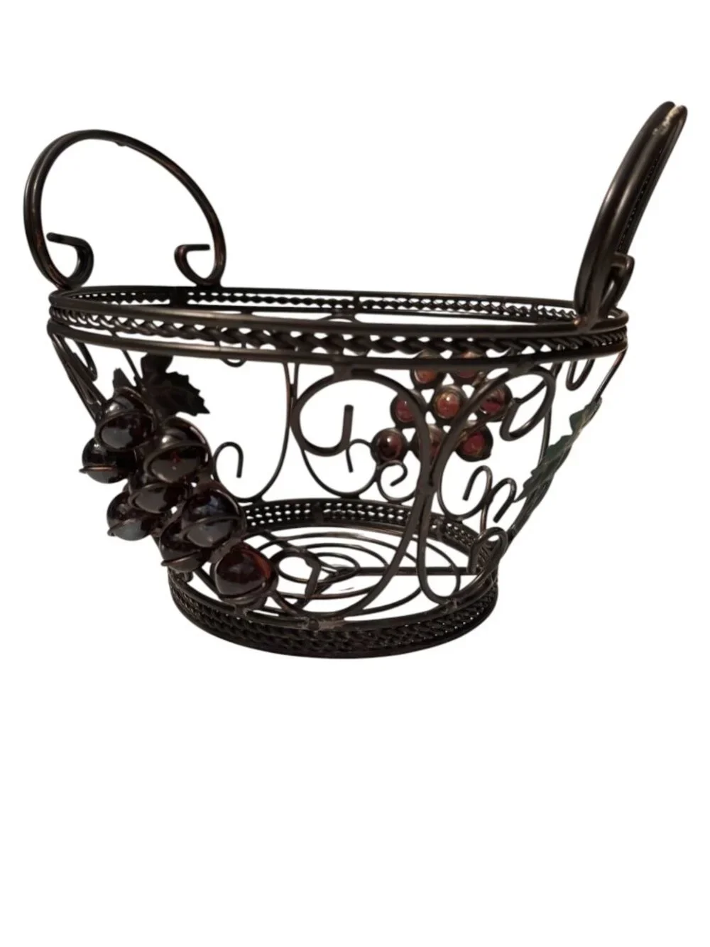 Decorative Wire Basket With Grape Motif &  Glass Accents Metal Construction Rust